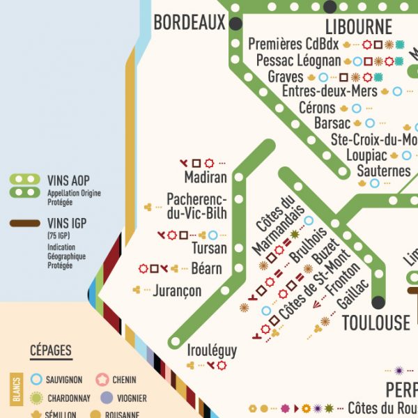 zoom carte des stations AOP cépages bordeaux, toulouse, libourne
