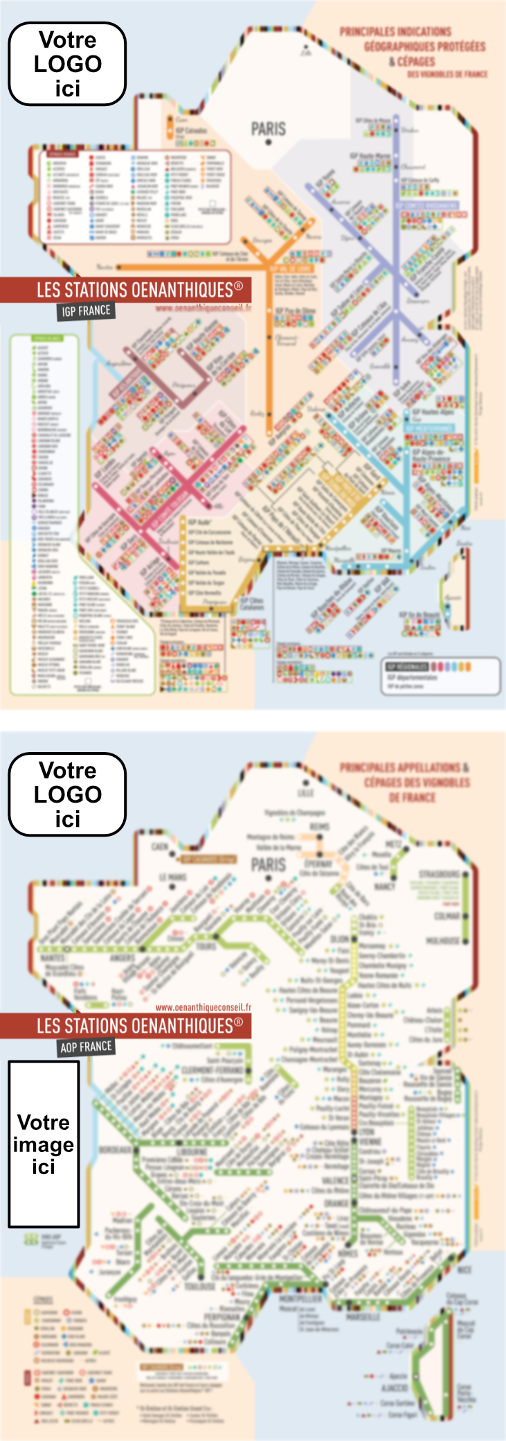 Principales indications géographiques protégées et cépages avec les stations oenanthiques IGP et AOC, ajouter un logo d'entreprise France