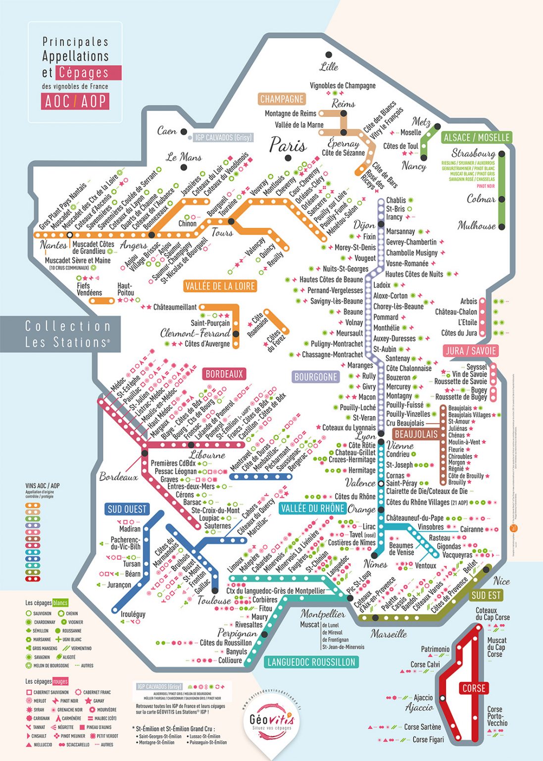 Affiche Carte de France des vignobles Les Stations Pétillante Géovitis 50x70