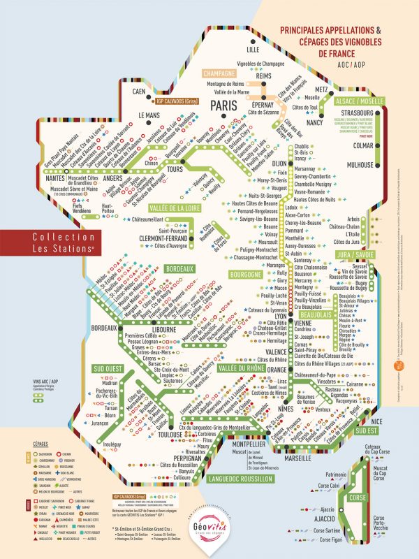 Carte de France des vins Les Stations AOP Originale Géovitis 30x40