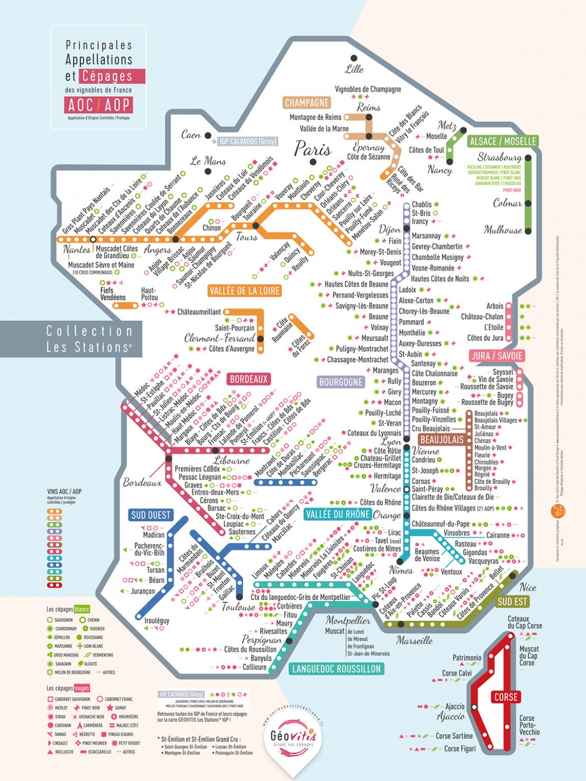 Carte de France des vins Les Stations AOP Pétillante Géovitis 30x40