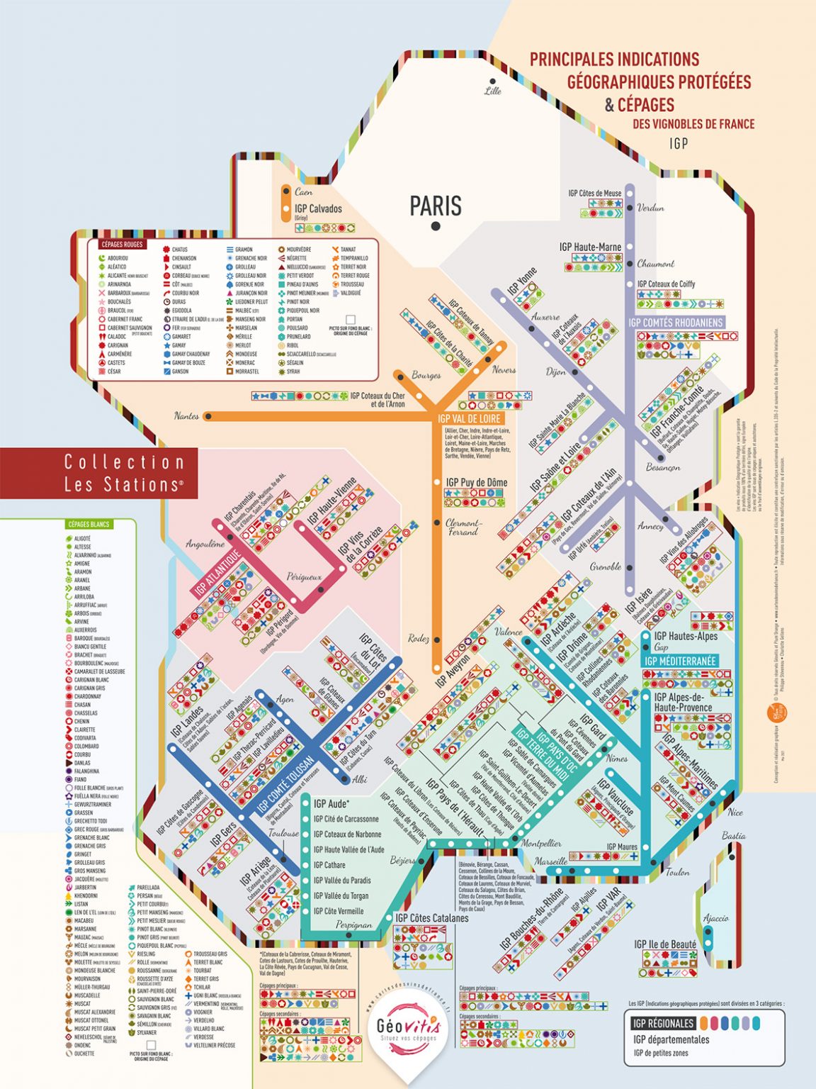 Carte de France des vins Les Stations IGP Originale Géovitis 30x40