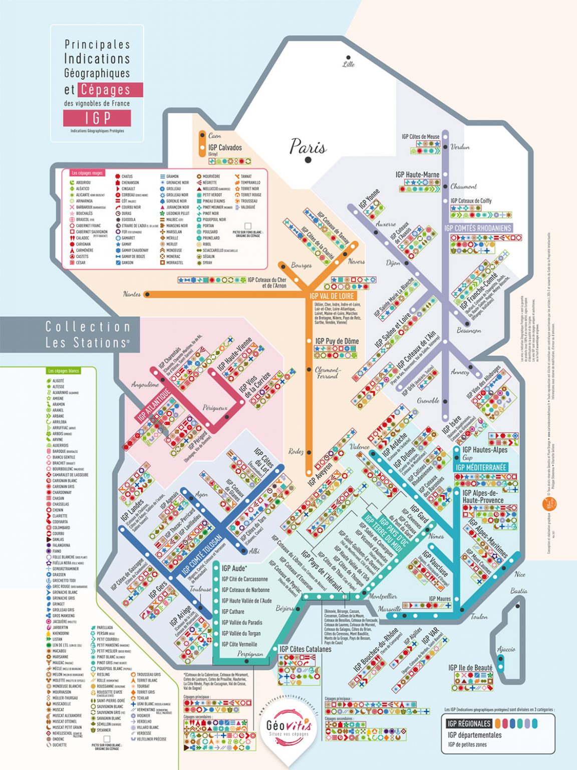 Carte de France des vins Les Stations IGP Pétillante Géovitis 30x40