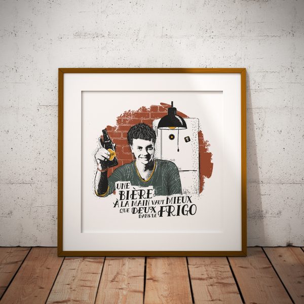 Affiche Vin Humour 30x30 Une bière à la main vaut mieux que deux dans le frigo