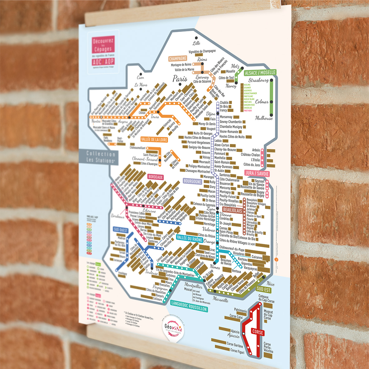 Carte à gratter des vins et des cépages de France Les Stations Géovitis  50x70