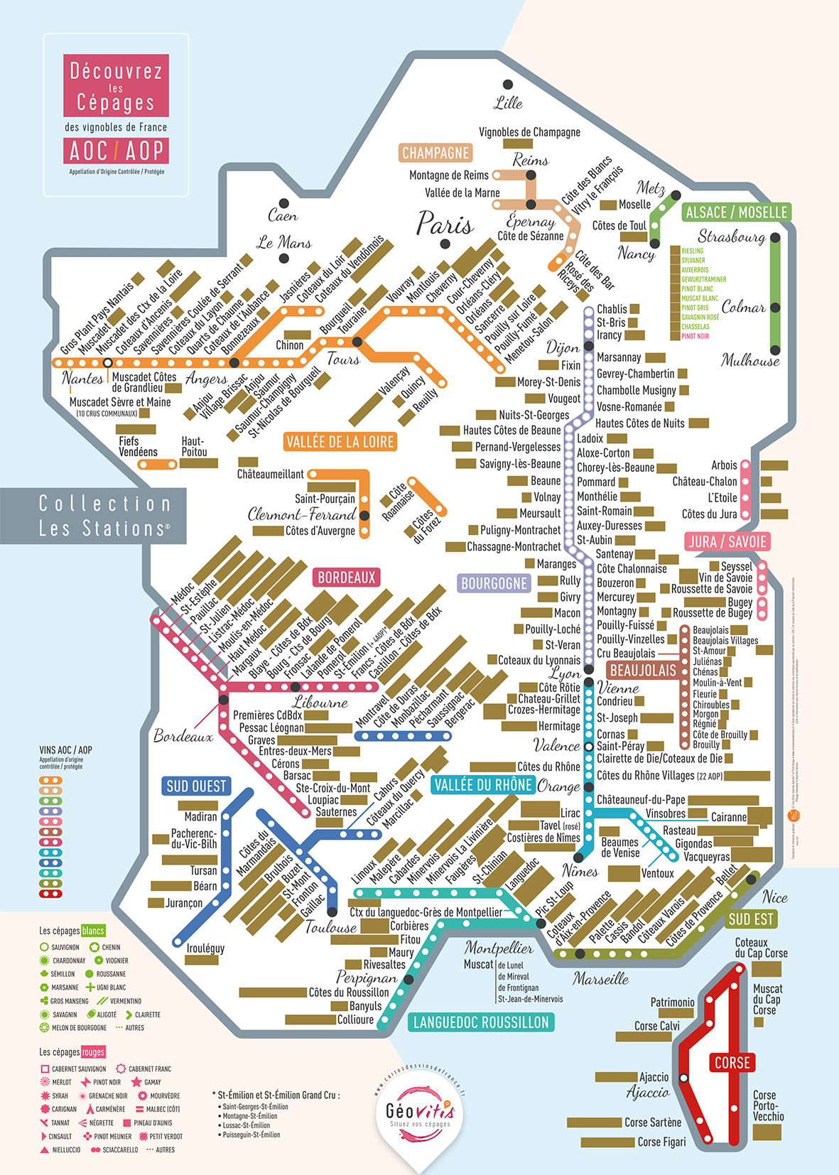 Carte à gratter des vins et des cépages de France Les Stations Géovitis  50x70