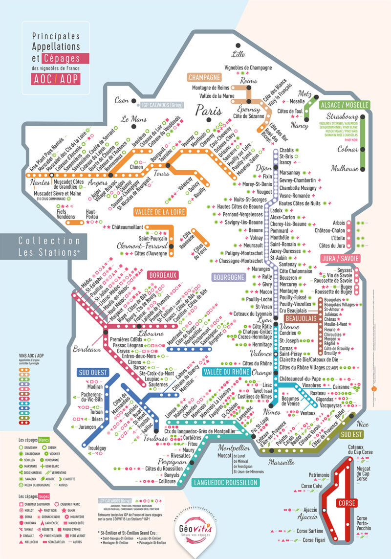 Carte de France des vins Les Stations Pétillante Géovitis 70x100