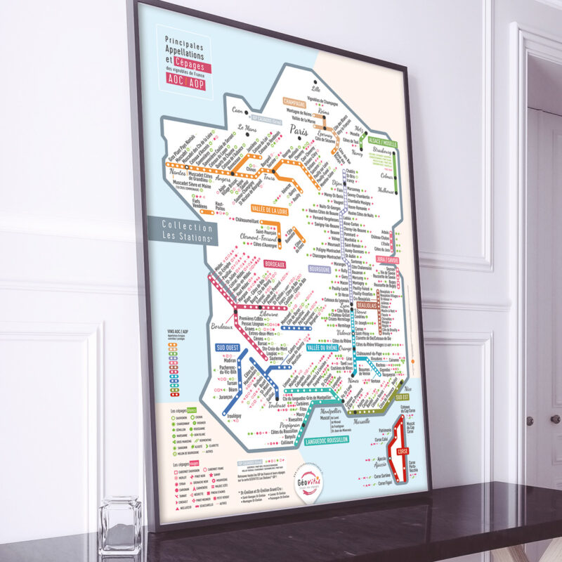 Carte de France des vins Les Stations Pétillante Géovitis 70x100